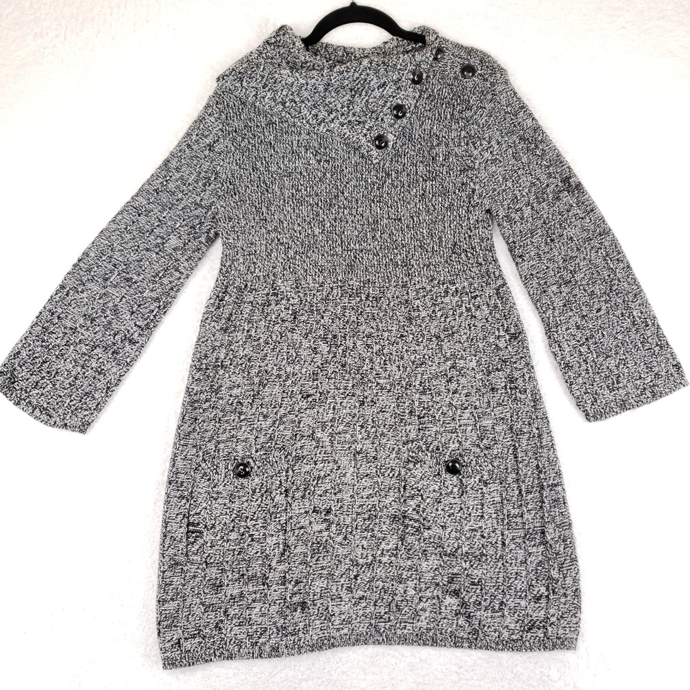Style & Co Black White Marled Knit Mock Neck Button Tunic Sweater Medium